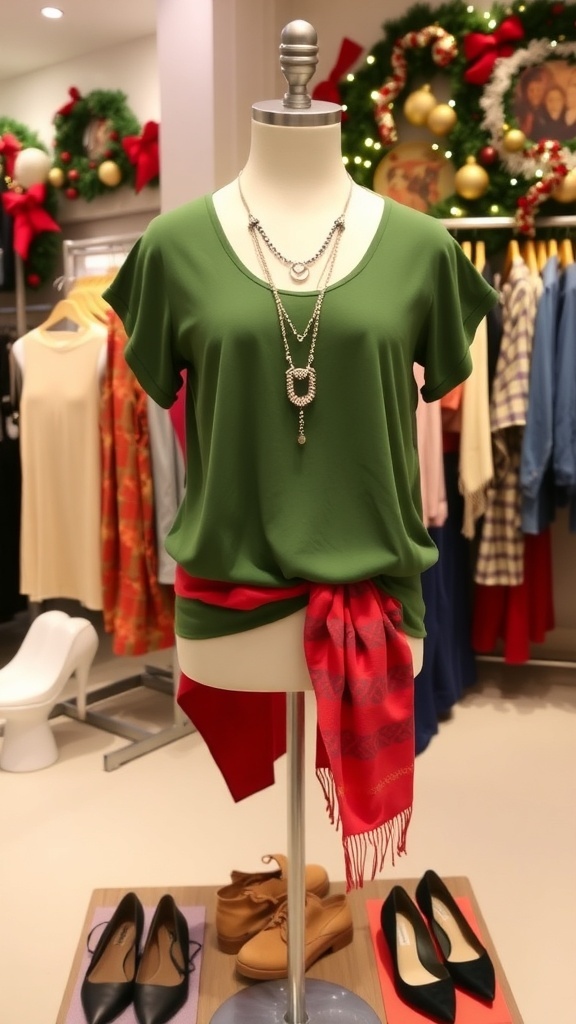 A green top with accessories for Christmas party outfits displayed in a festive setting.